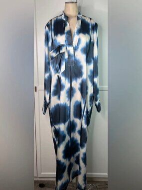 Brave + True Silky Kaftan Long Dress Blue & White Print - NO WAIST SASH- NWOT